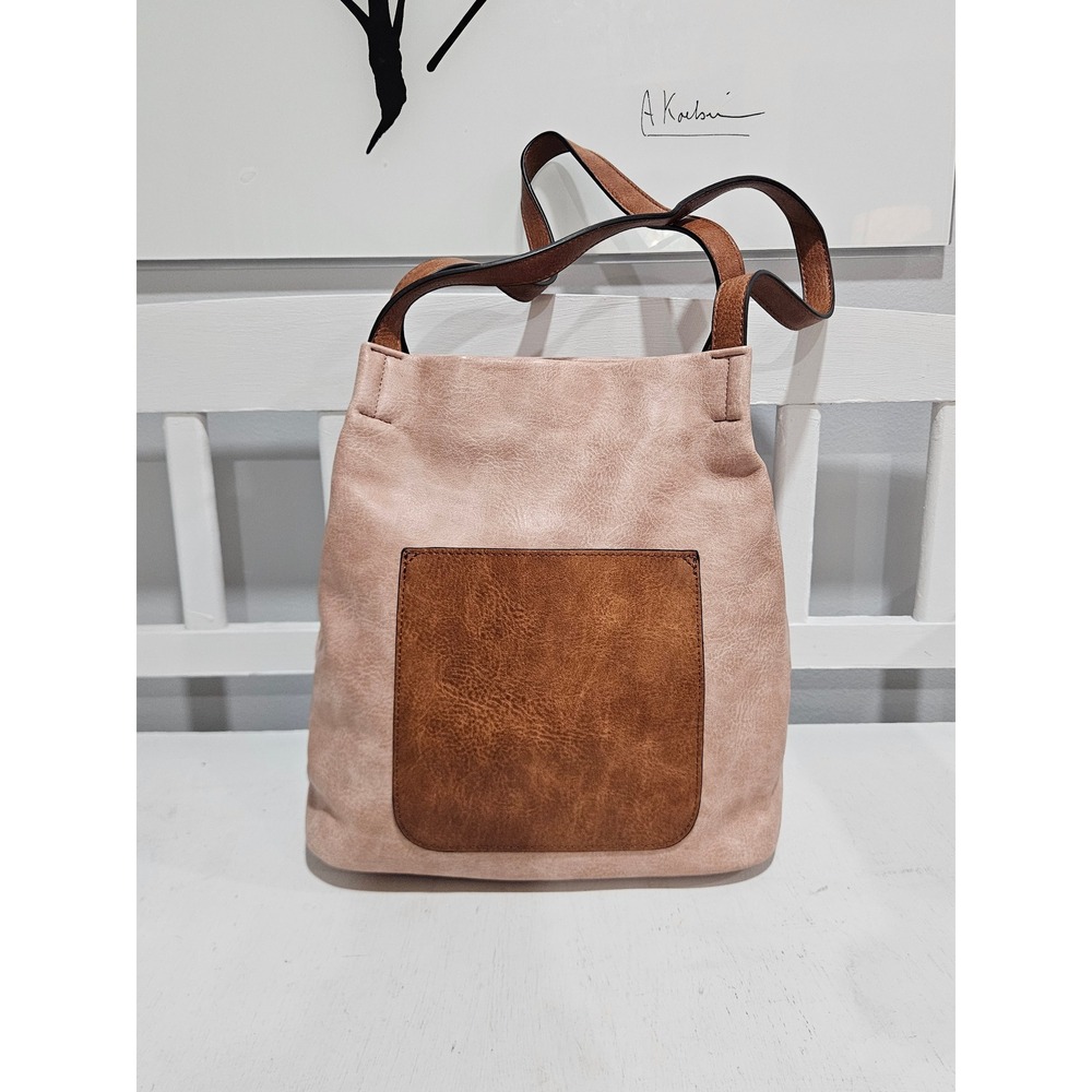 Jen & Co Vegan Leather Hobo Shoulder Bag Pink/Blush with Brown Front Pocket